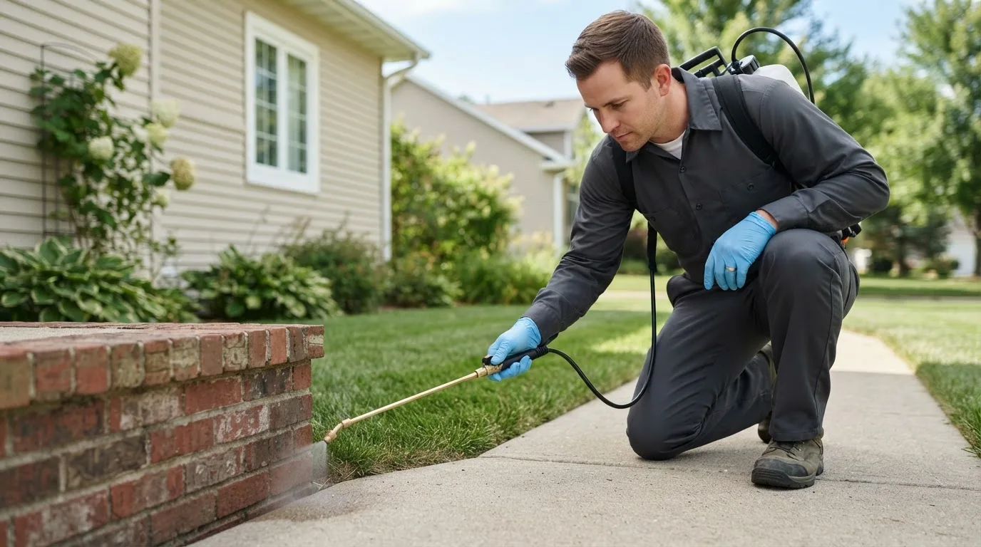Pest control technician treating a home near Ionia, IA