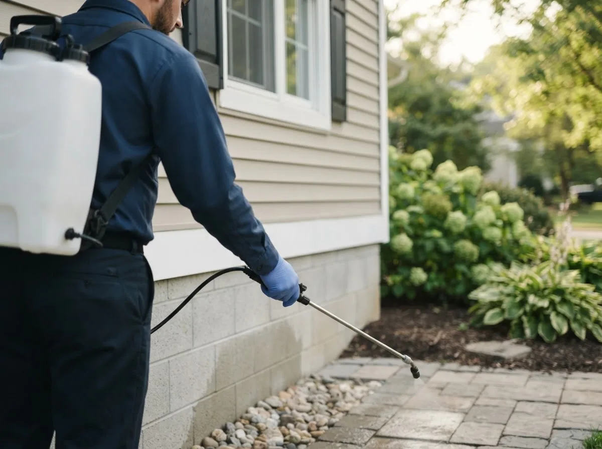 Pest control technician inspecting a home in Ionia, IA